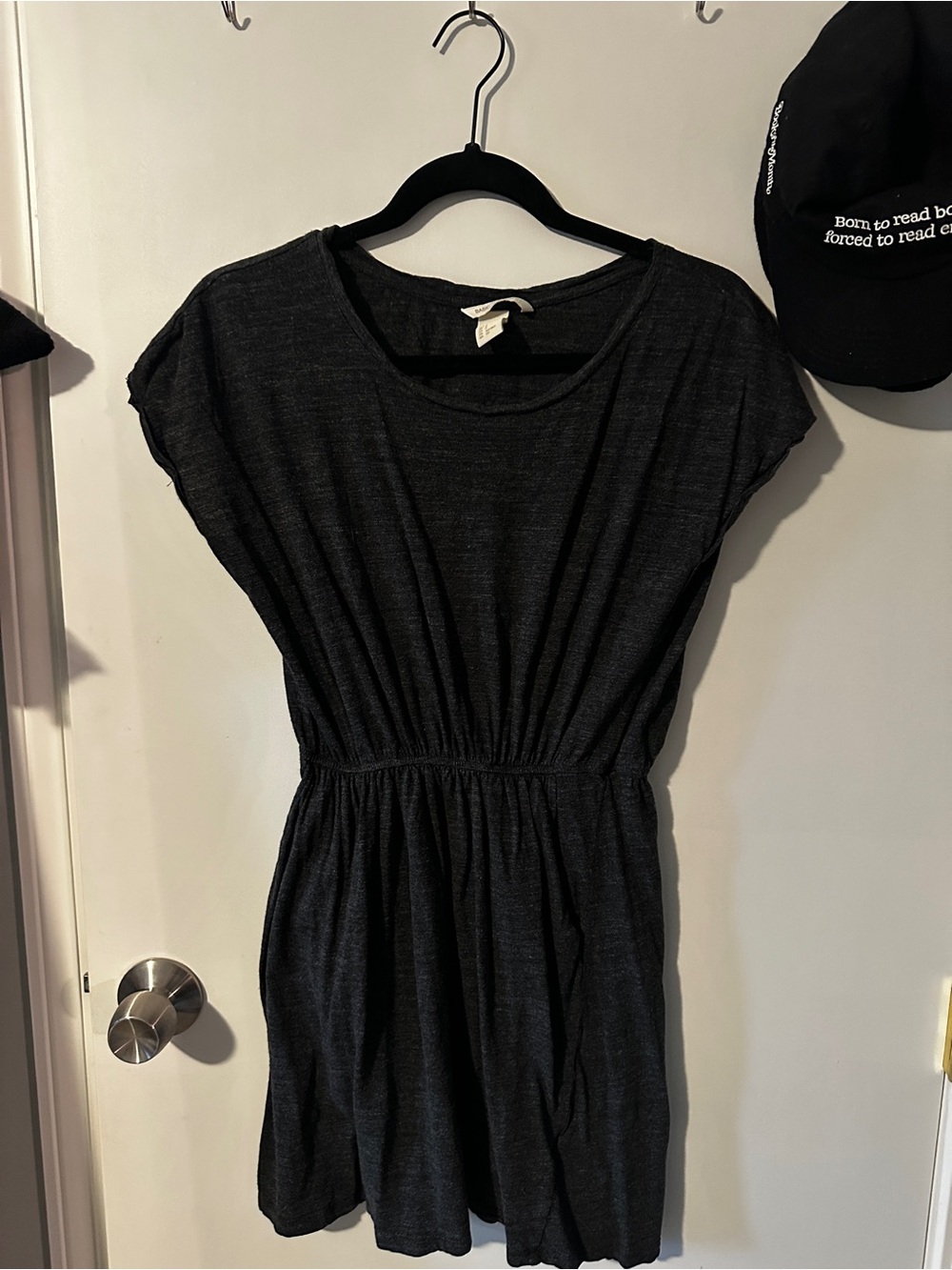 H&M Dark Charcoal Gray Short Sleeve Cinched Waist Dress